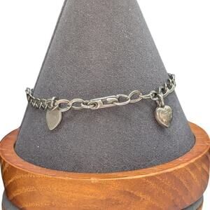 Vintage 925 Sterling Chain Link Two Heart Charm Bracelet